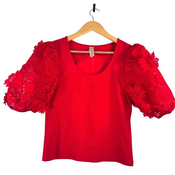 Anthropologie Tops - Anthropologie DOLAN Lace Puff Sleeve flower patch ribbed blouse red sz M